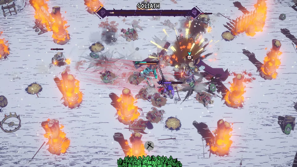 Chained Beasts boss fight against Goliath in a fiery snowy arena