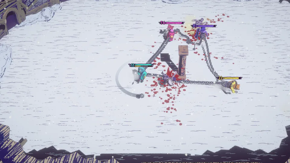Chained Beasts arena battle with three chained gladiators fighting an enemy wave